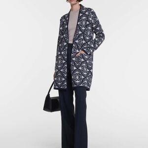 S MAX MARA Cashmere + Wool Navy Cream Print Belted Long Sweater L